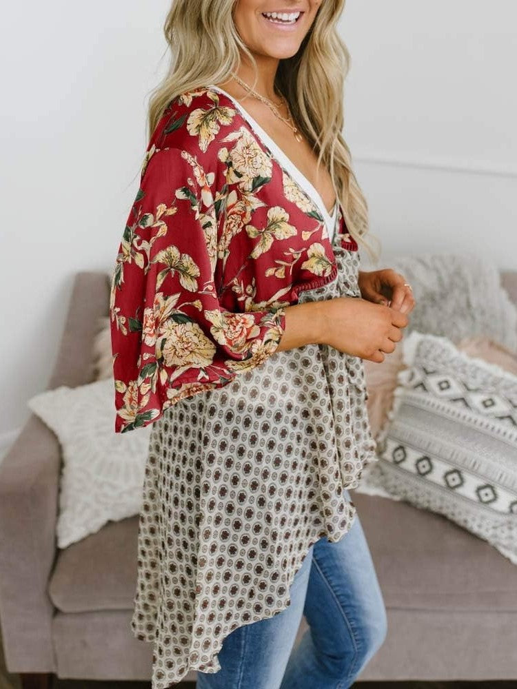 🌸Dámske kvetinové kimono s volánkovými rukávmi a viazaním – vzdušné voľné prikrývky v štýle boho