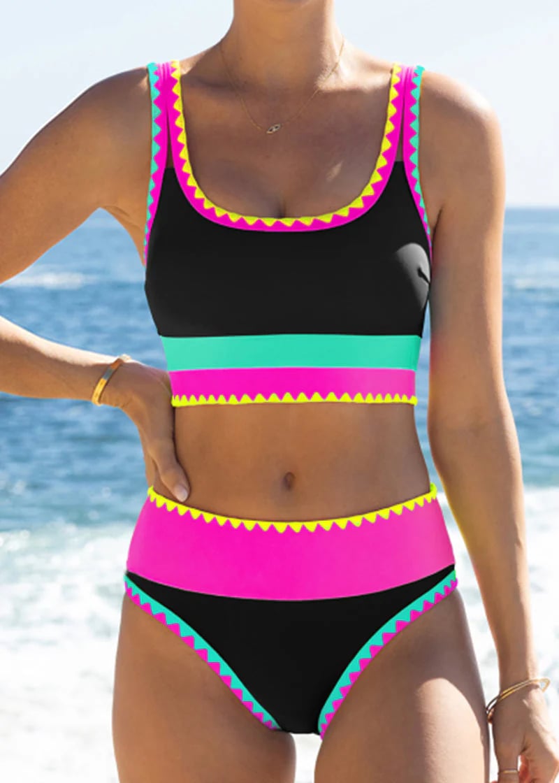 🌼 Trojdielne športové bikiny z nylonu s farebnými blokmi – vysoký pás so zoštíhľujúcim efektom na brucho 👙