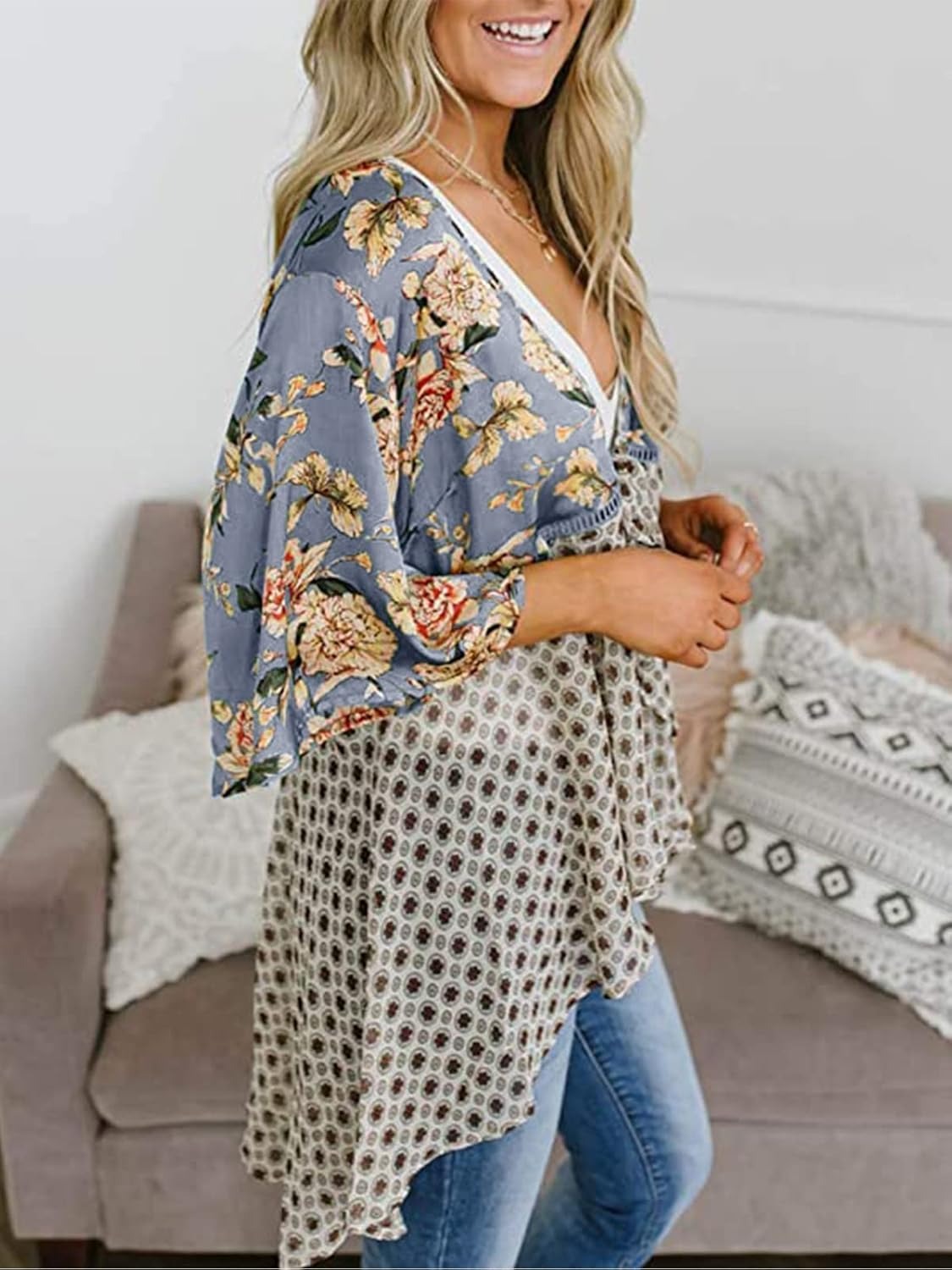 🌸Dámske kvetinové kimono s volánkovými rukávmi a viazaním – vzdušné voľné prikrývky v štýle boho