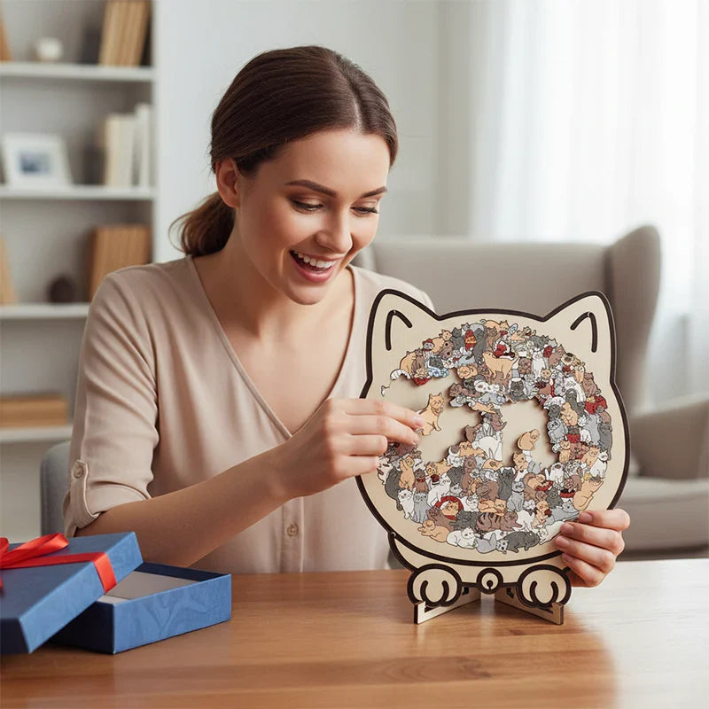 🐱135dielne drevené puzzle v tvare mačky vo farbách Morandiho🎁