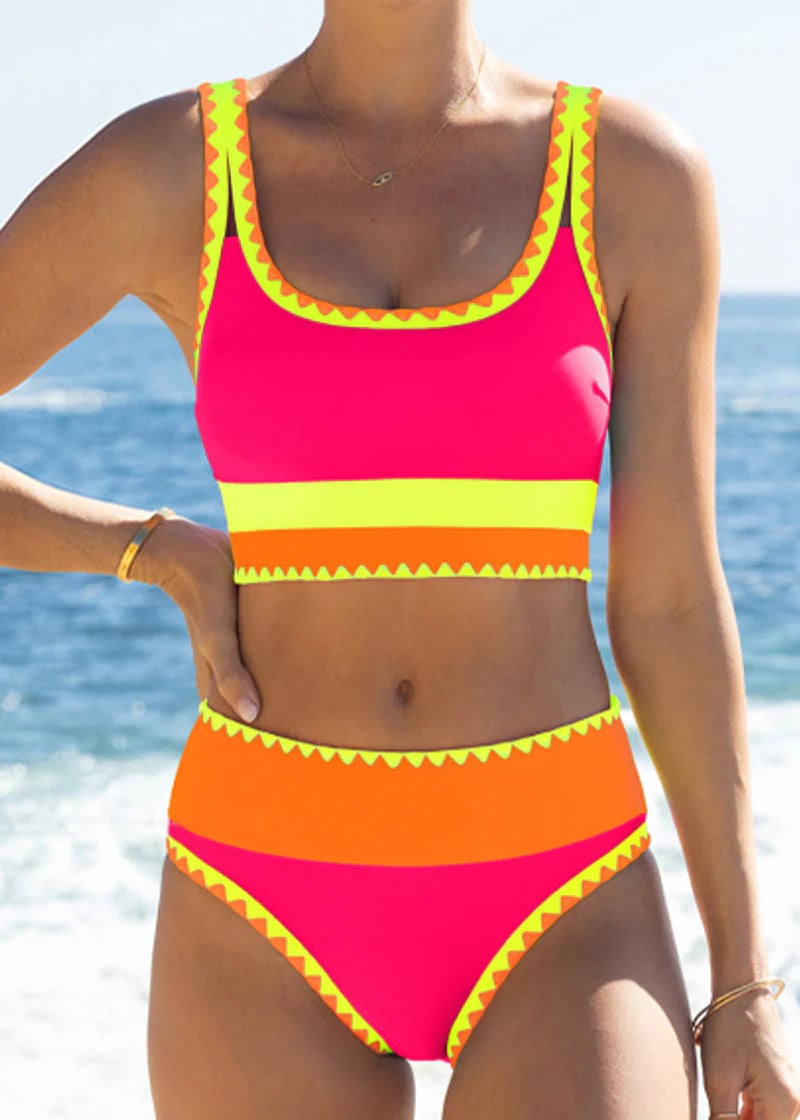 🌼 Trojdielne športové bikiny z nylonu s farebnými blokmi – vysoký pás so zoštíhľujúcim efektom na brucho 👙