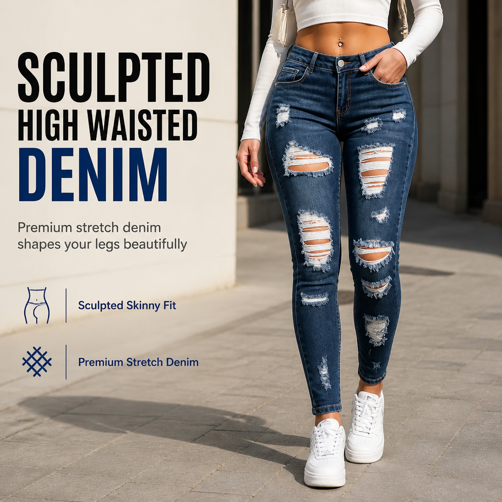 Dámske džínsy s vysokým pásom, roztrhané, skinny, distressed, strečové denimové nohavice