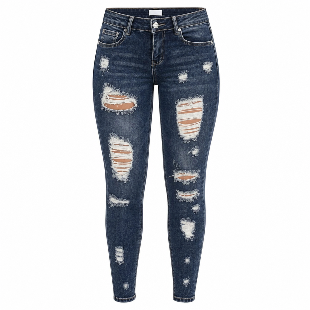 Dámske džínsy s vysokým pásom, roztrhané, skinny, distressed, strečové denimové nohavice