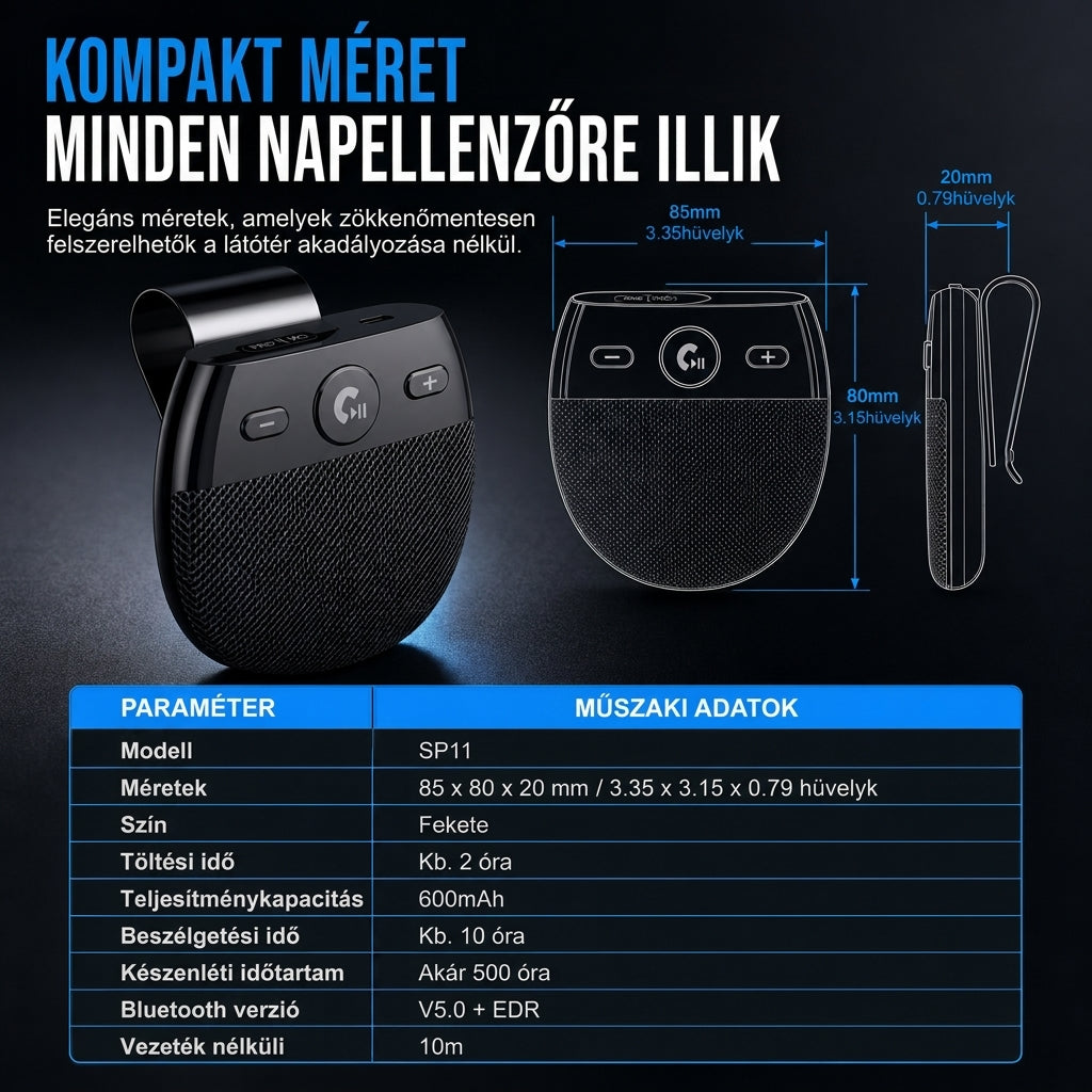 🚗 SP11 – Bluetooth handsfree zariadenie do auta s integrovaným slnečným štítom, s funkciou automatického zapnutia pri detekcii vibrácií, podporuje A2DP a hlasové upozornenie na prichádzajúce hovory